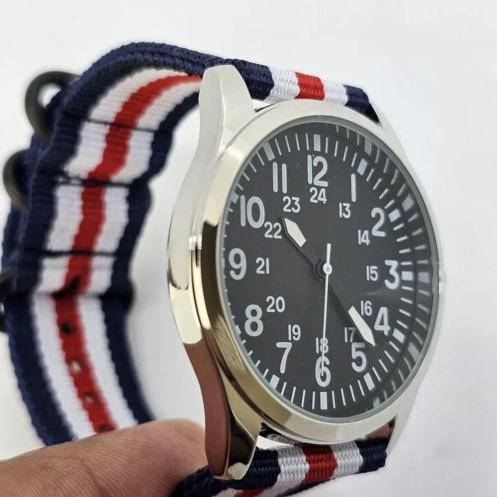 Men's Field Military Watch 42MM Black Dial Blue White Red Canvas Band Straps‎